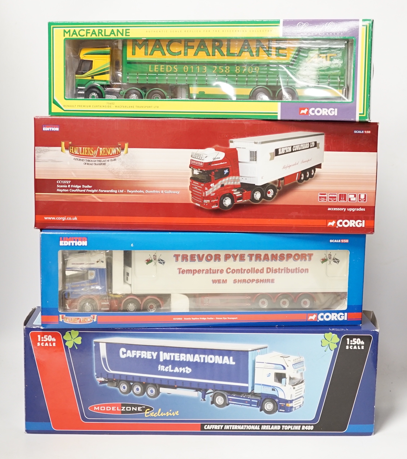 Four boxed Corgi and Universal Hobbies 1:50 scale articulated trucks; a Scania refrigerated lorry (CC13727), Scania Topline refrigerated lorry (CC12922), a Renault Premium Curtainside (75602), and another Scania Topline